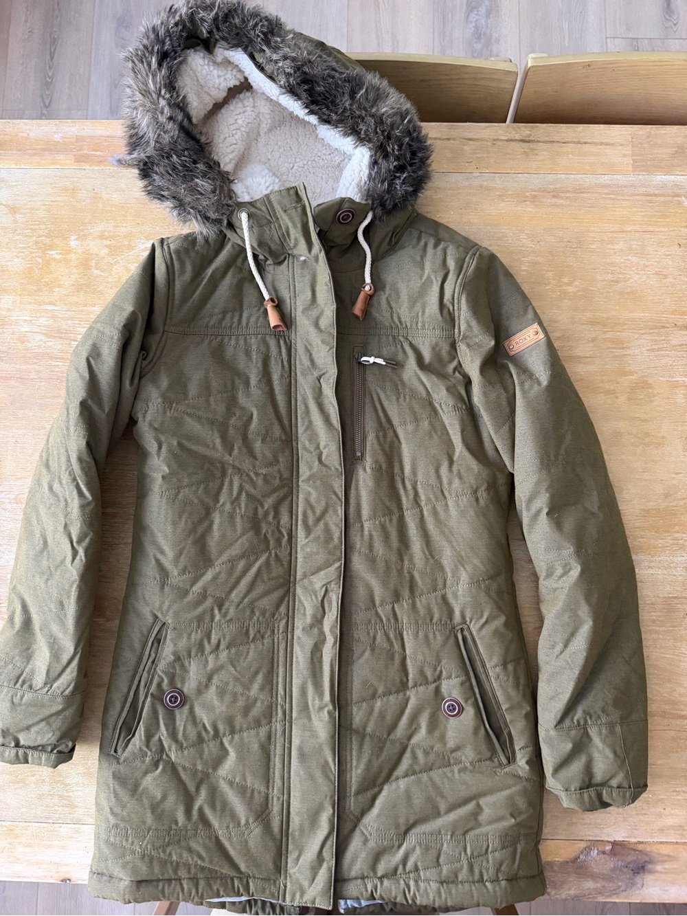 Roxy Olive Green Women's Puffer Parka with Faux Fur Hood